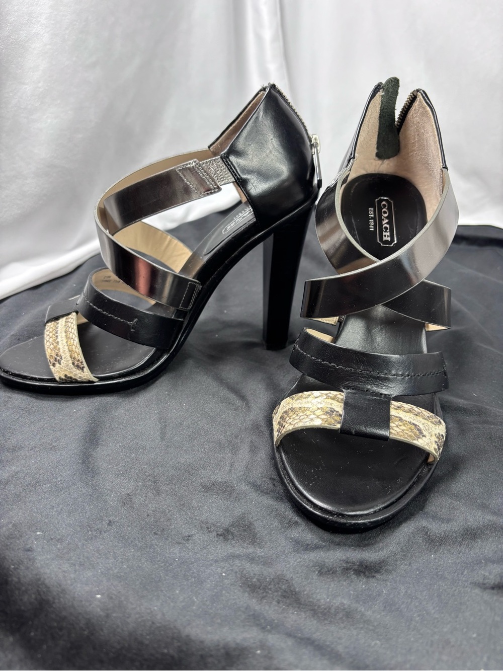 Coach Jody Cage Sandals Black Leather & Snakeskin Print High Heel Sandals Sz 7.5 - Picture 3 of 8